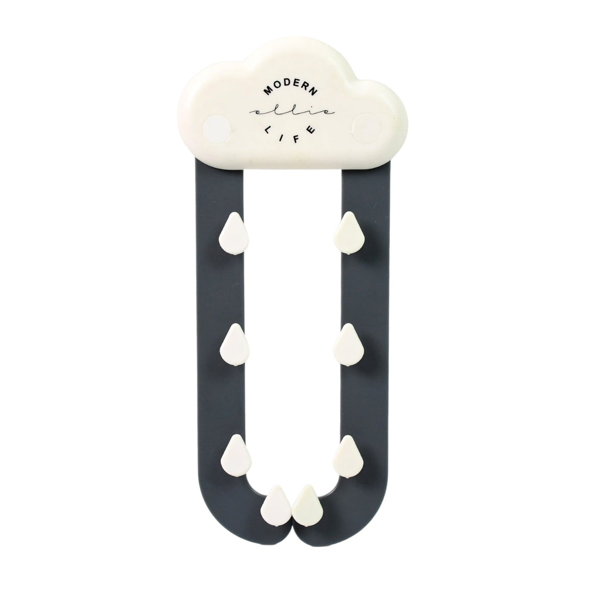 A white cloud-shaped holder with dark grey rain-like arms and white raindrop hooks on a plain white background.
