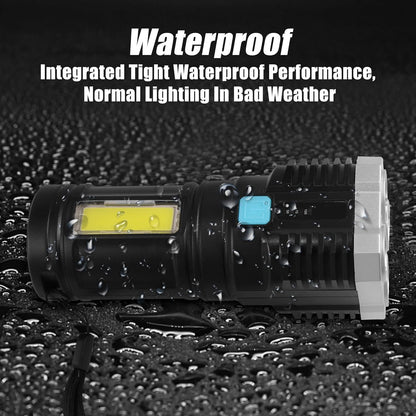Black and silver flashlight with a side COB light, shown on a wet, dark surface with water droplets, highlighting its