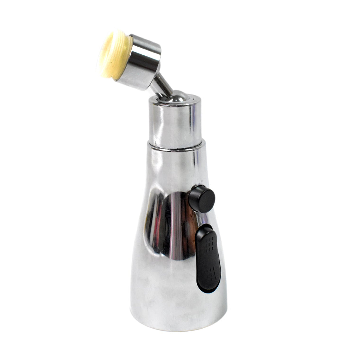 A chrome faucet sprayer head with black buttons and a yellow brush attachment is angled on a white background.