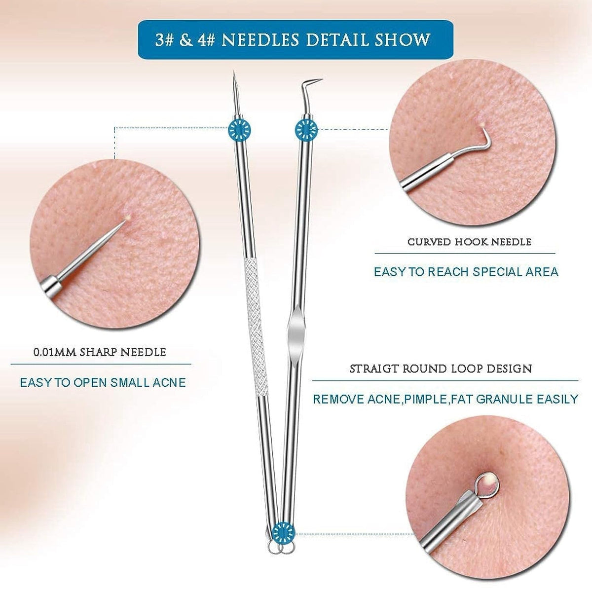A detailed diagram shows two more stainless steel tools with close-ups of their ends on skin, explaining their functions.