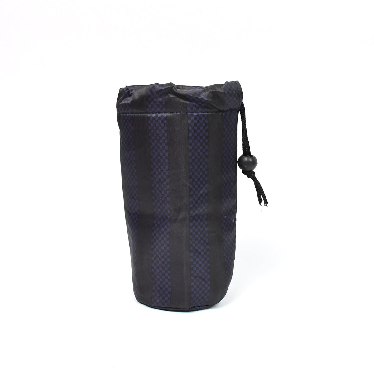 A navy blue drawstring pouch with vertical stripes stands upright on a plain white background.