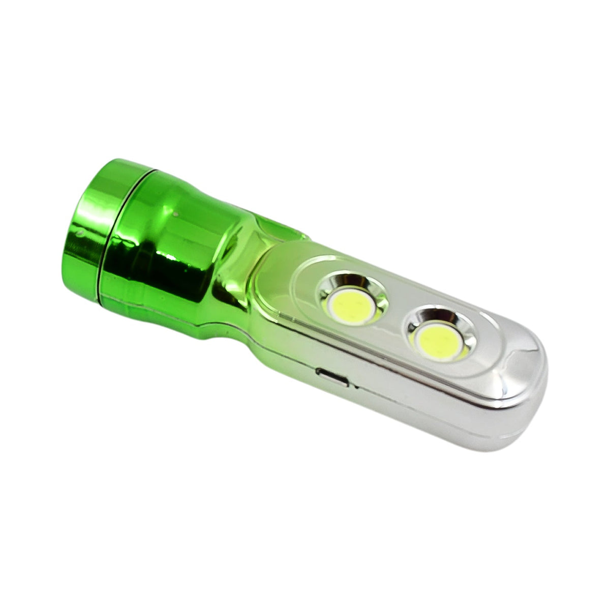 A green and silver torchlight with two LED lights and a charging port, shown at an angle on a white background.