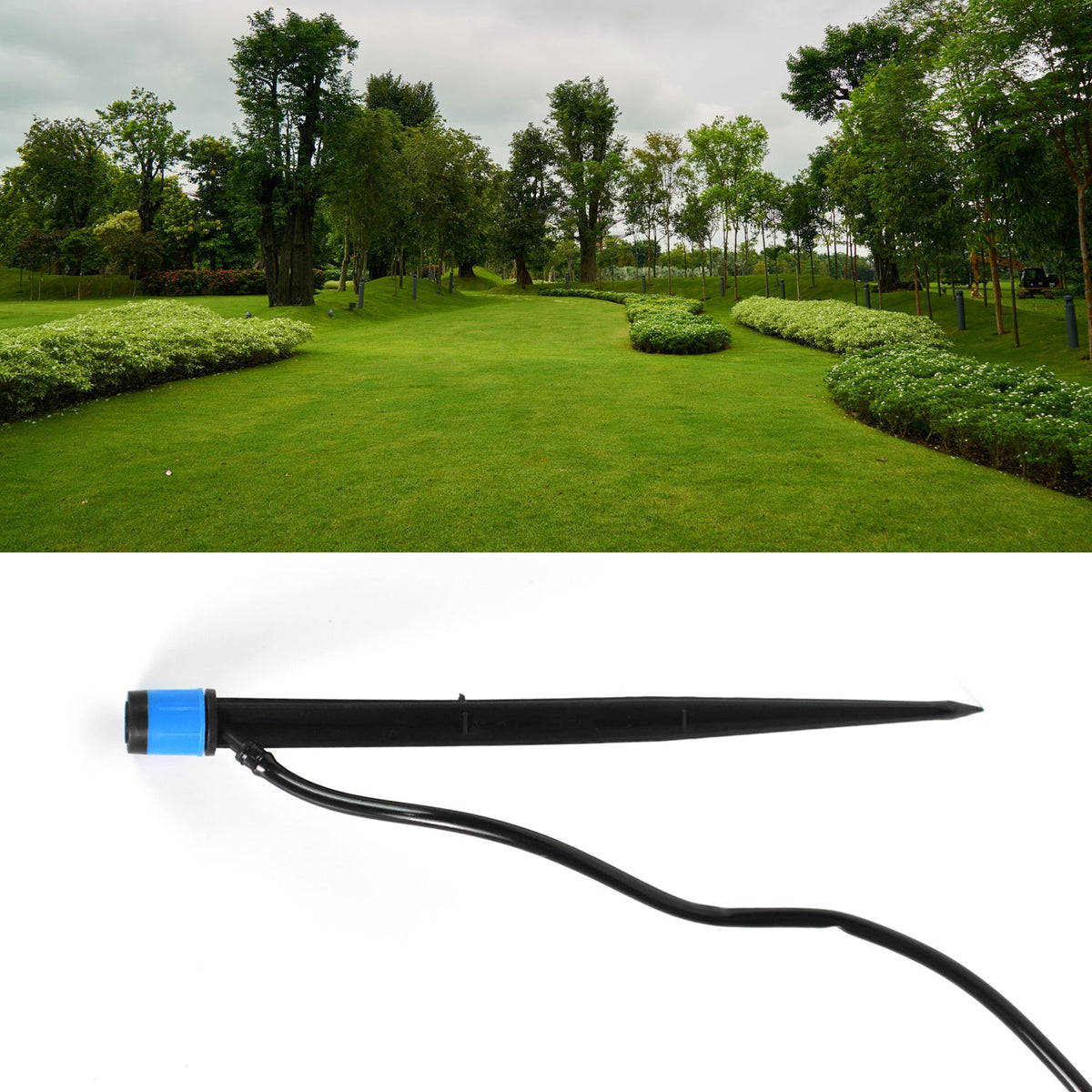 A black and blue water dripper with a thin black hose, with an upper image of a lush green park with trees and manicured