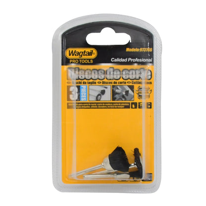 The 3-piece black nylon brush set is displayed in its clear plastic and yellow cardboard retail packaging.