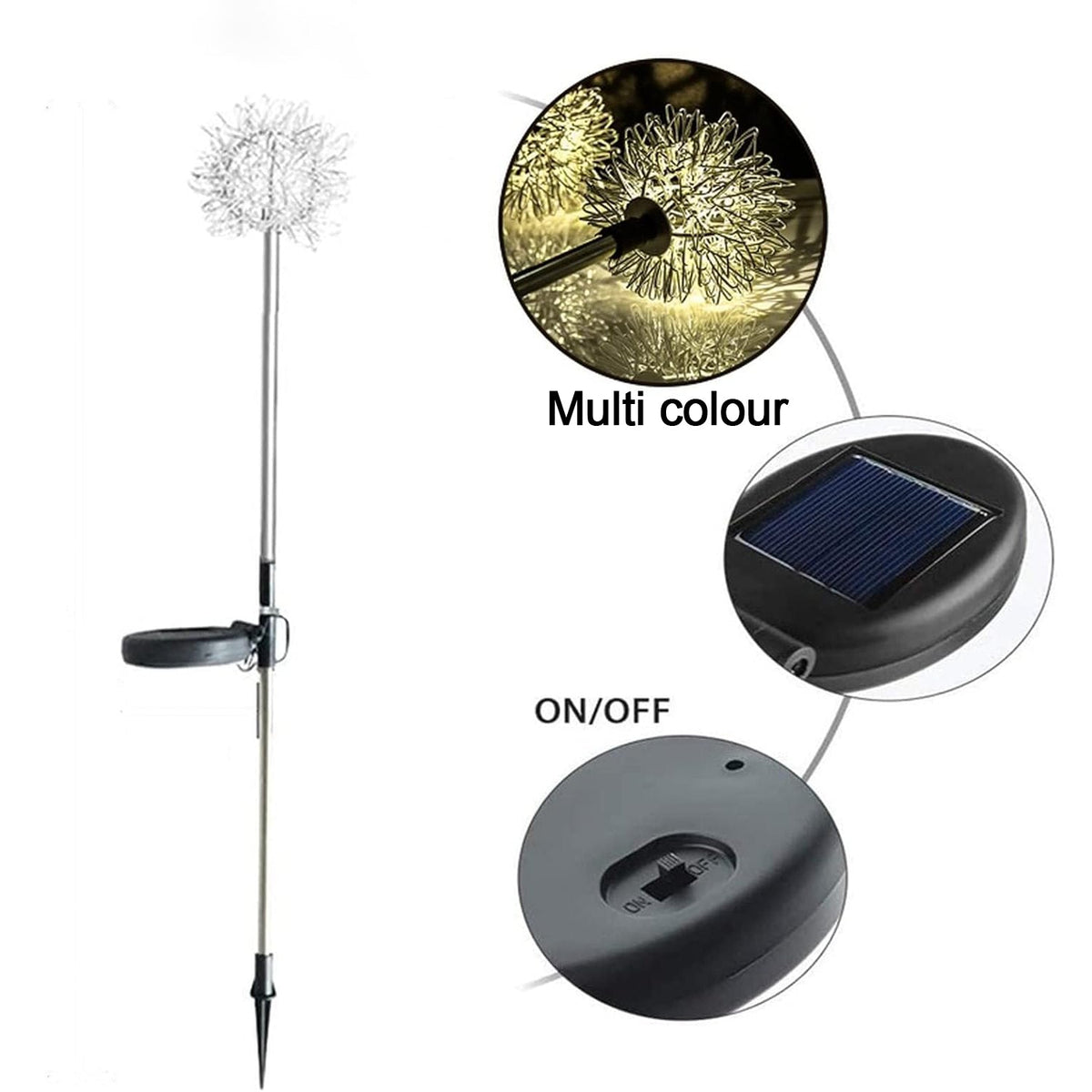 A single silver dandelion solar light on a stake, with insets detailing its multicolor function and on/off switch.
