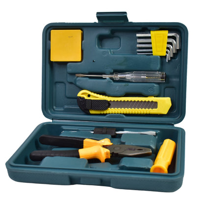 Open teal tool kit on a white background, showcasing various yellow and black tools, including pliers, screwdriver, and