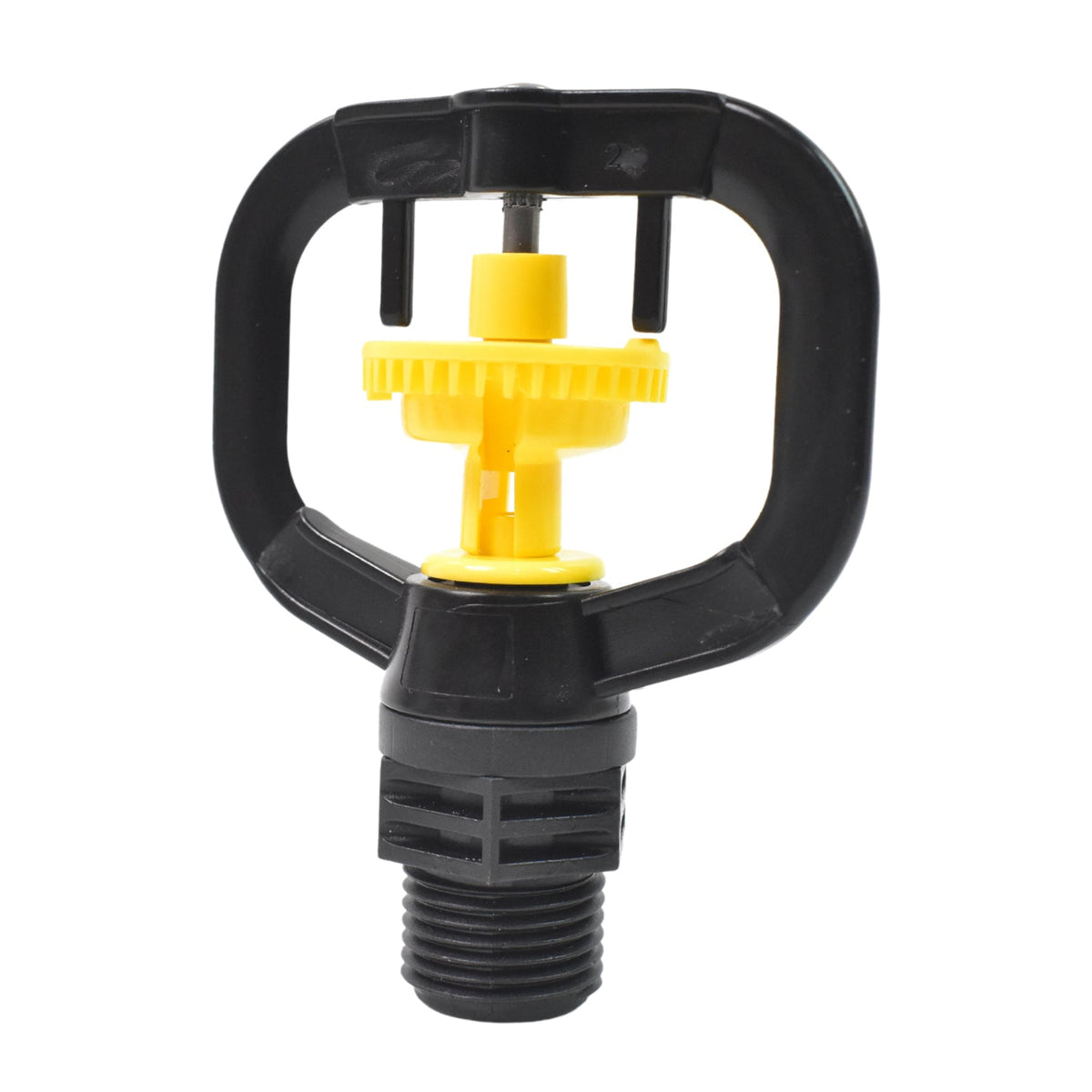 A black and yellow rotating sprinkler nozzle with a threaded base on a white background.