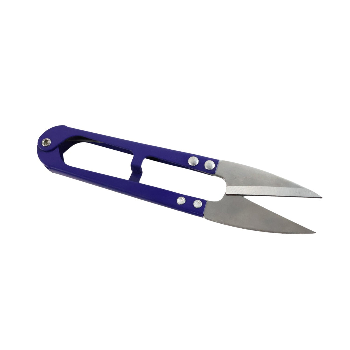 A pair of blue-handled thread snips with silver blades is shown on a plain white background.