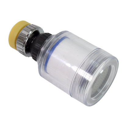 A clear plastic swivel faucet aerator with a yellow base, shown at an angle against a plain white background.