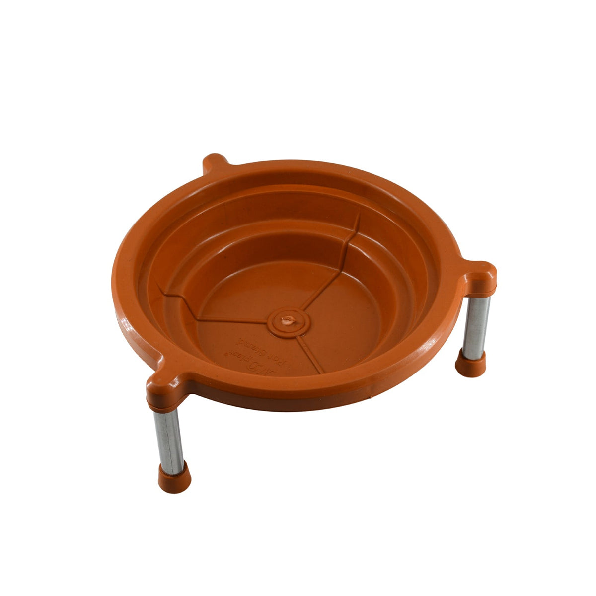 Orange plastic stand with three silver legs on a plain white background.