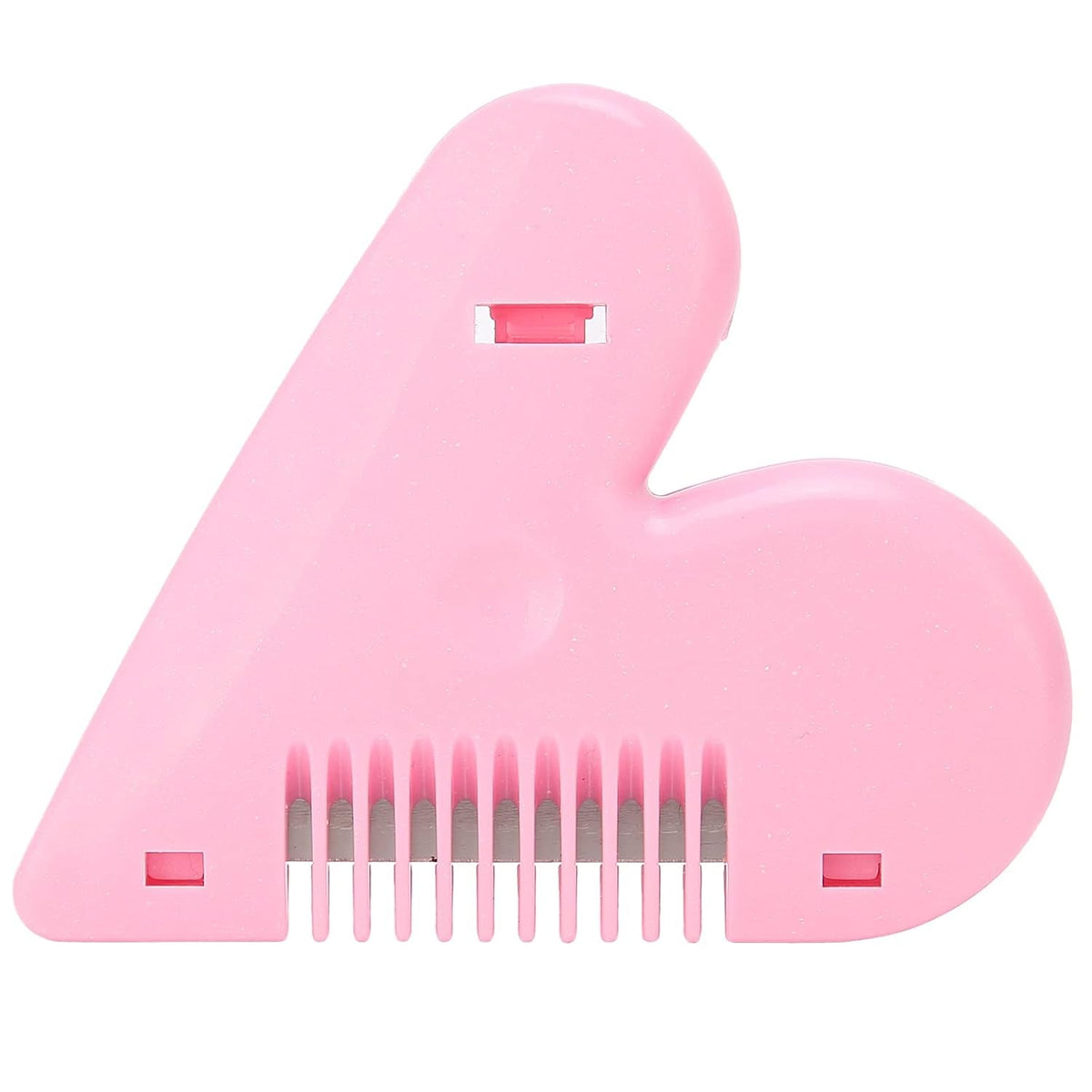 A top-down view of a pink heart-shaped hair thinning razor comb, showing the blades between the teeth.