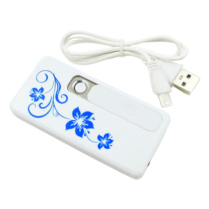 White USB lighter with blue floral pattern and a coiled white USB charging cable on a white background.