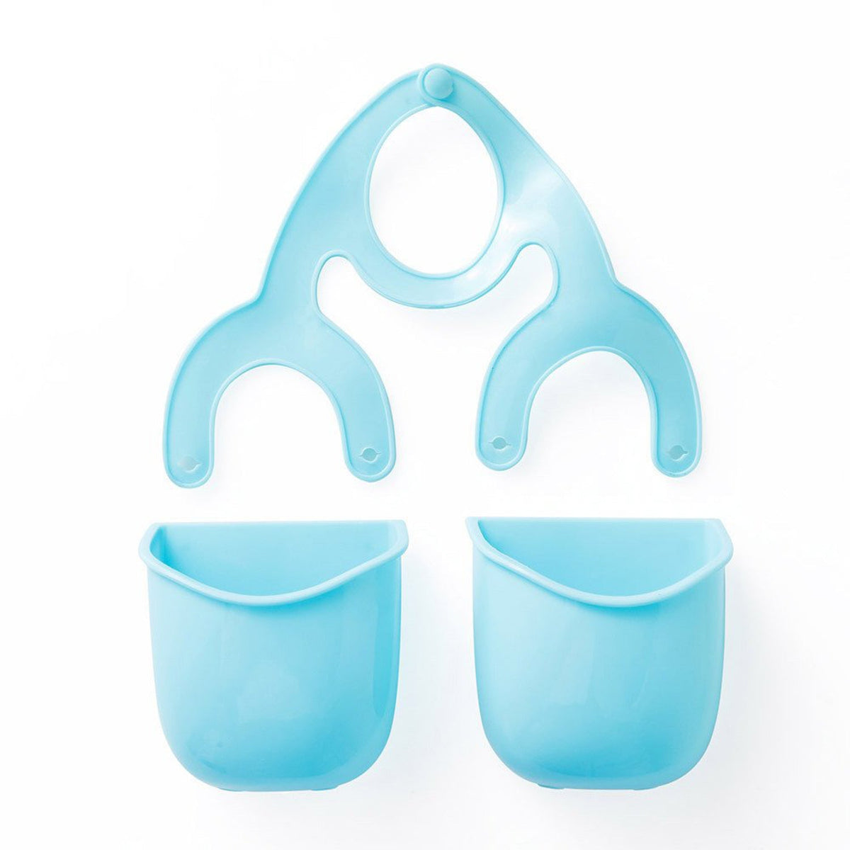 Disassembled blue plastic sink caddy showing the hanging strap and two separate compartments.