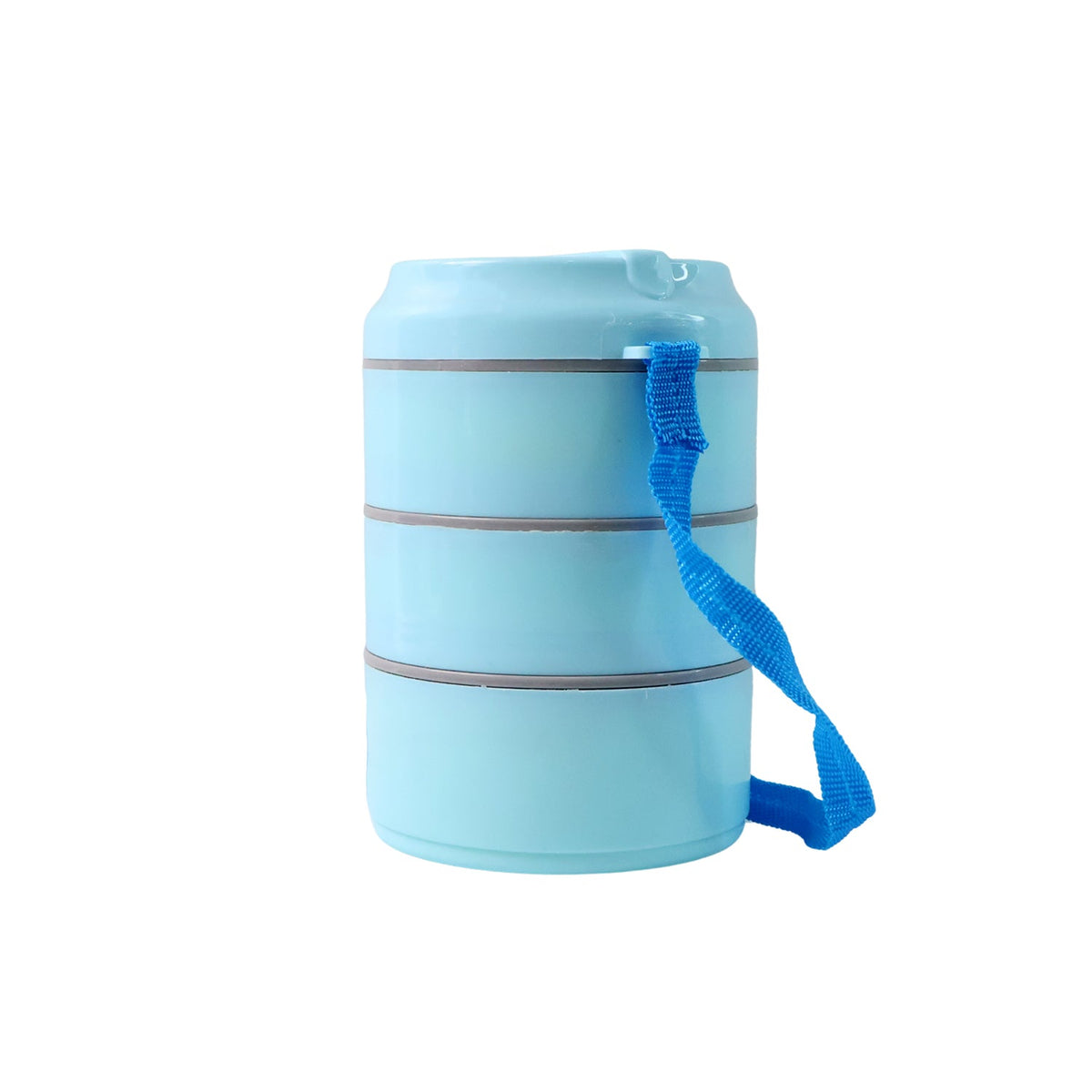 A light blue three-layer lunch box with a blue carrying strap is presented against a clean white background.