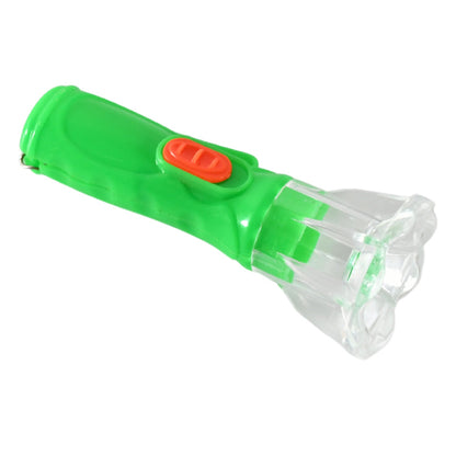 A green and orange plastic flashlight with a clear faceted head is positioned diagonally on a white background.