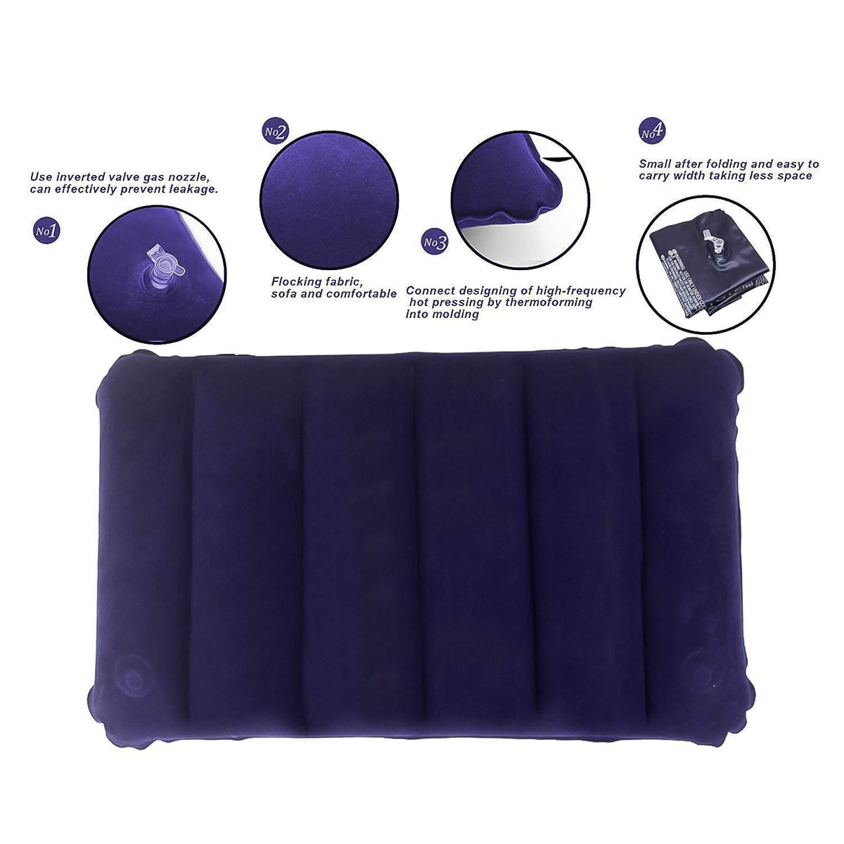 A blue inflatable pillow is shown with four numbered callouts detailing its features like the valve and fabric.