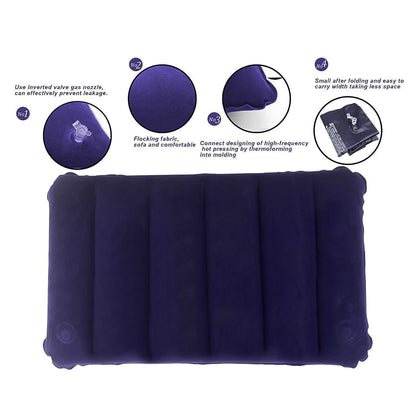 A blue inflatable pillow is shown with four numbered callouts detailing its features like the valve and fabric.