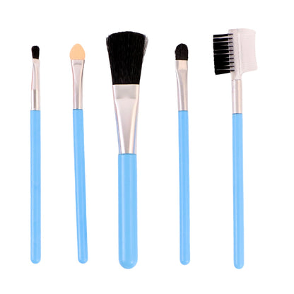 Five light blue makeup brushes with silver ferrules and black bristles are lined up vertically on a white background.