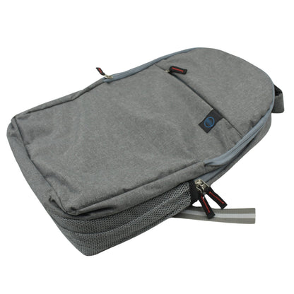 A grey backpack with a mesh side pocket and red-accented zippers lies on a white surface.