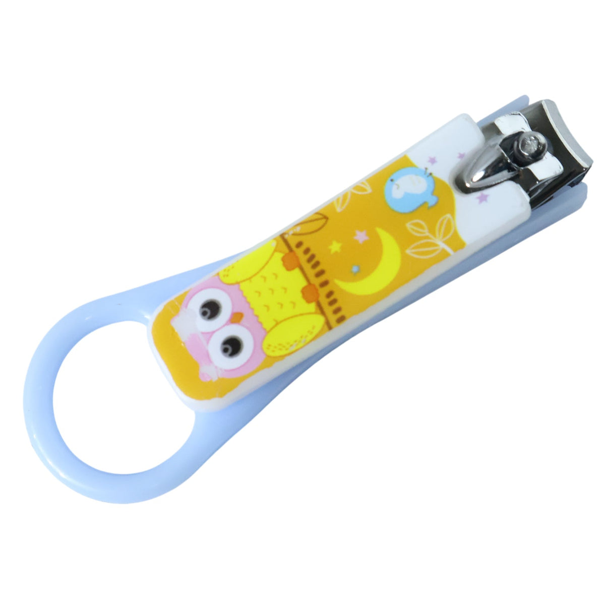 A light blue and white baby nail clipper with a yellow owl and moon design, isolated on a white background.