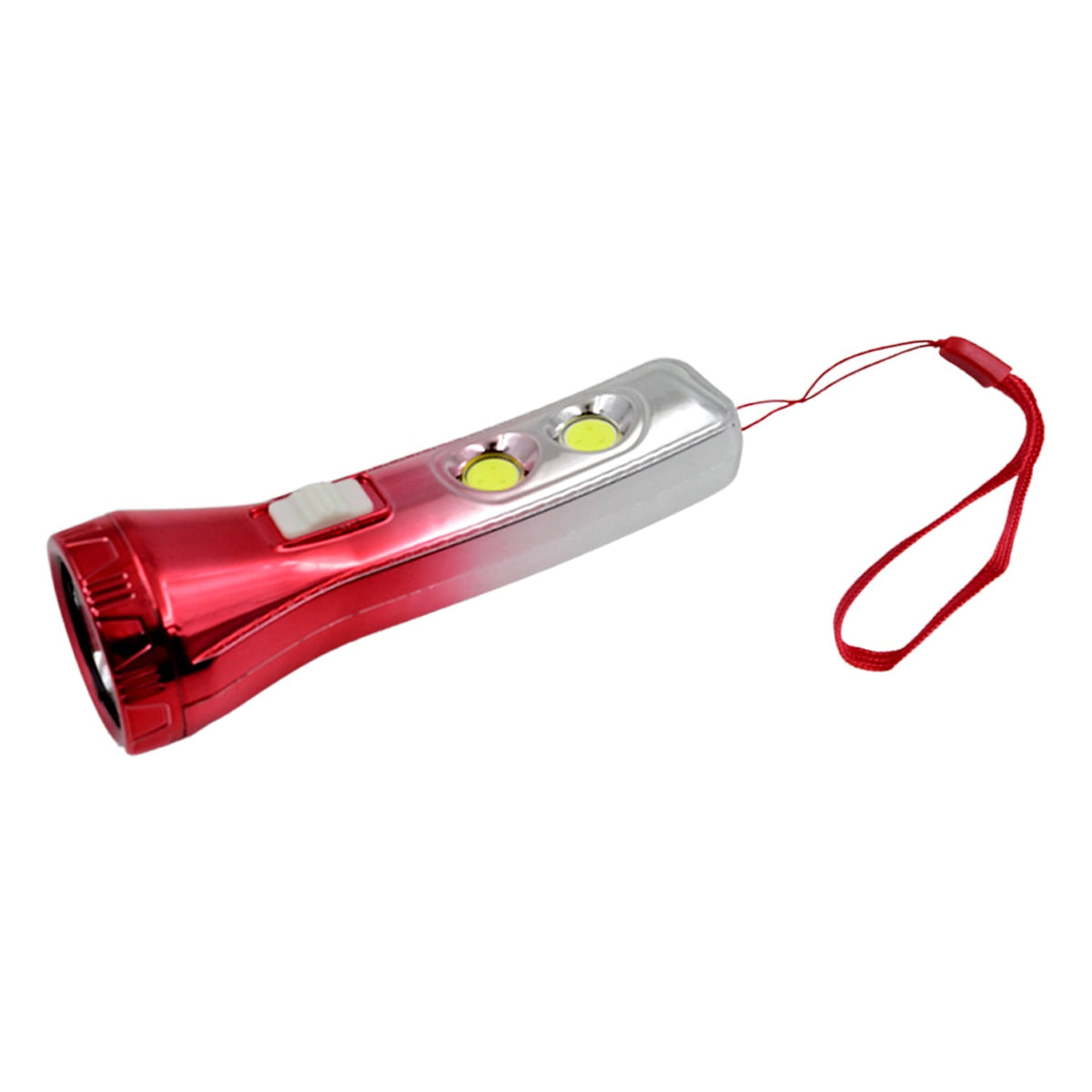 A red and silver torchlight with a red lanyard is shown at an angle on a white background.