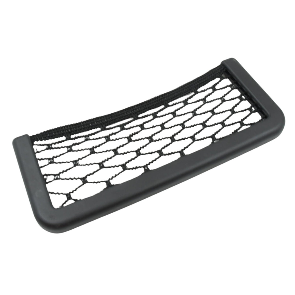 A black mesh car organizer with a hexagonal net pattern on a white background.