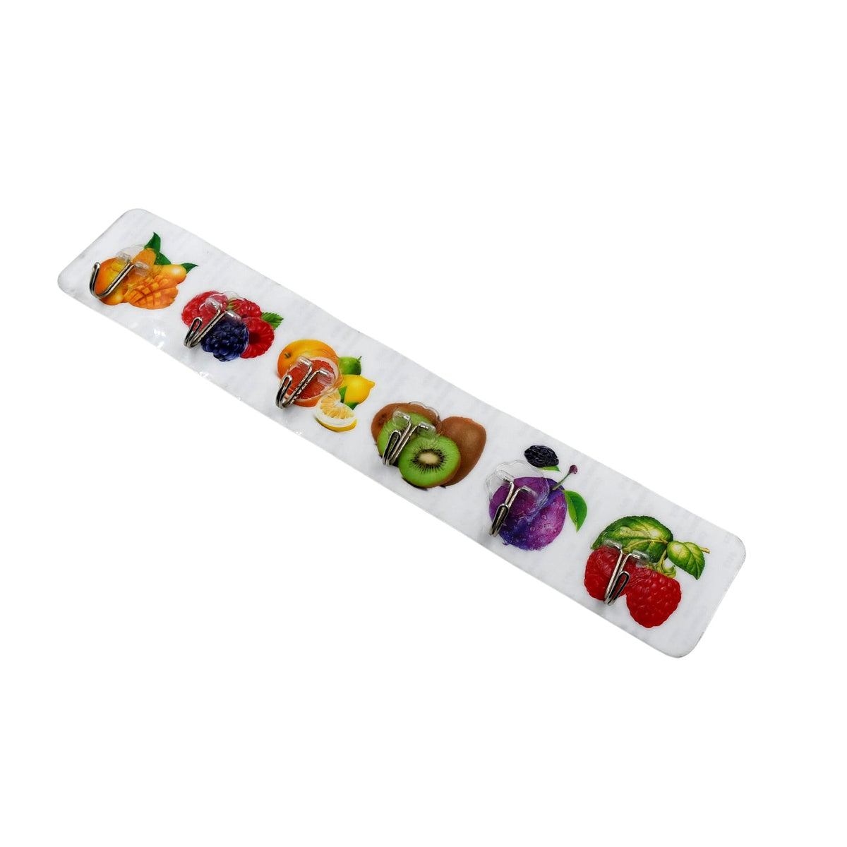 A white adhesive wall hook strip with colorful fruit designs is shown at an angle on a plain white background.