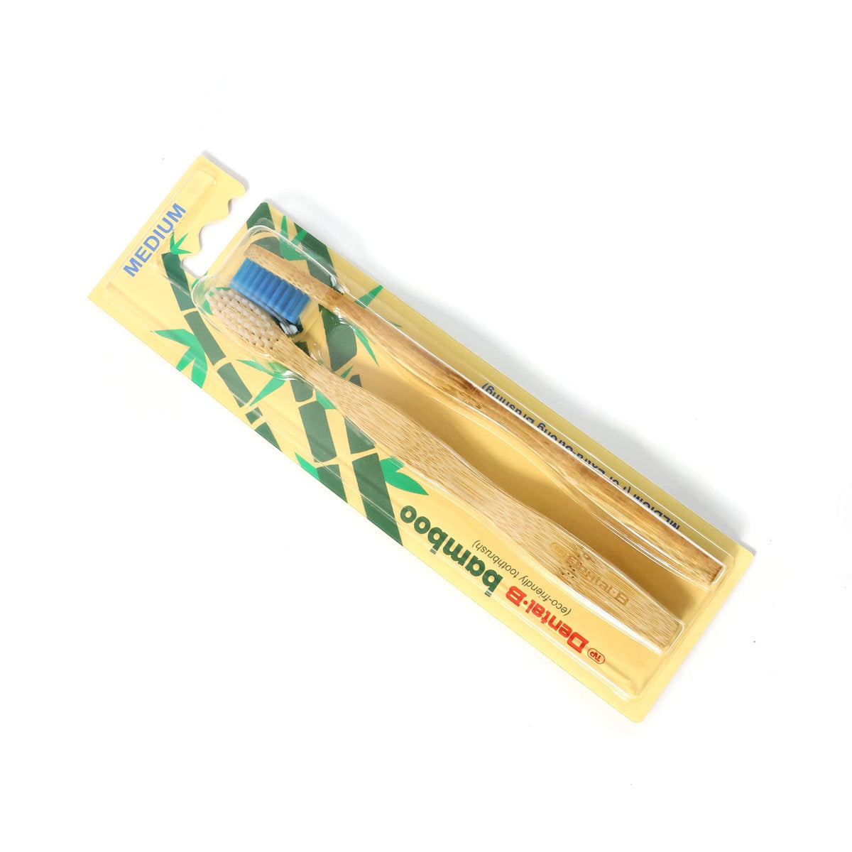 A single twin pack of bamboo toothbrushes with blue and beige bristles, angled on a white background.