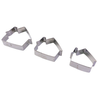 Three stainless steel house-shaped cookie cutters in different sizes displayed against a plain white background.
