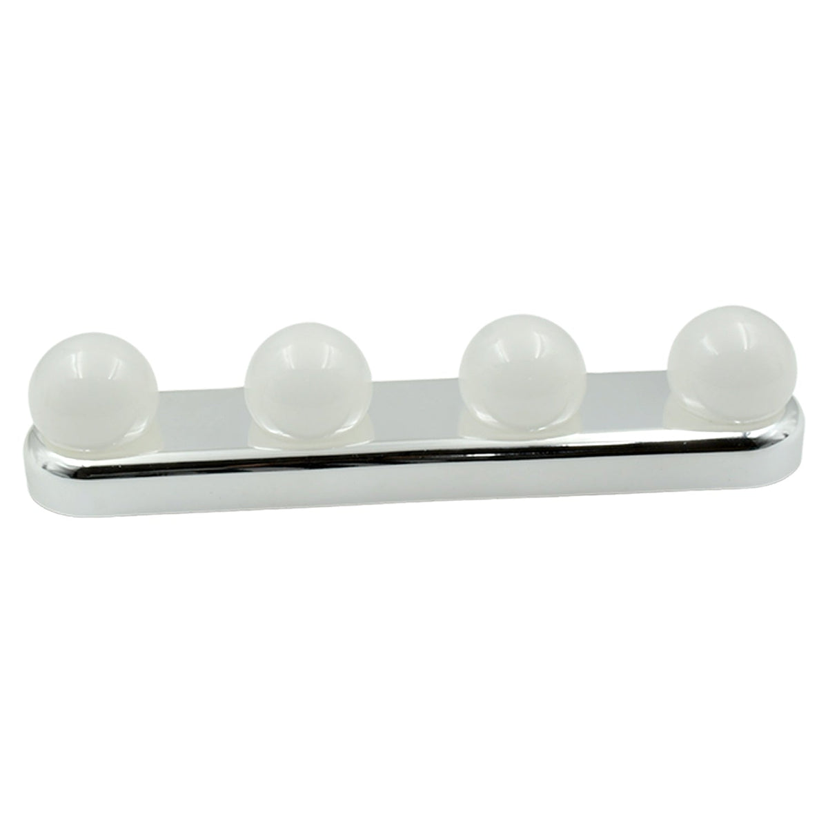 A white LED vanity light with four round bulbs and a chrome base is shown on a plain white background.