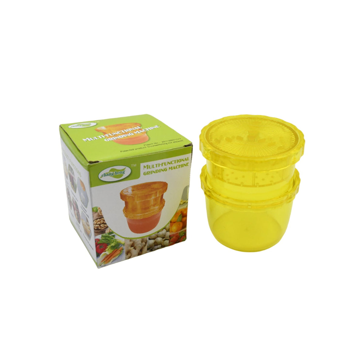 A yellow plastic manual food grinder stands next to its product box on a plain white background.