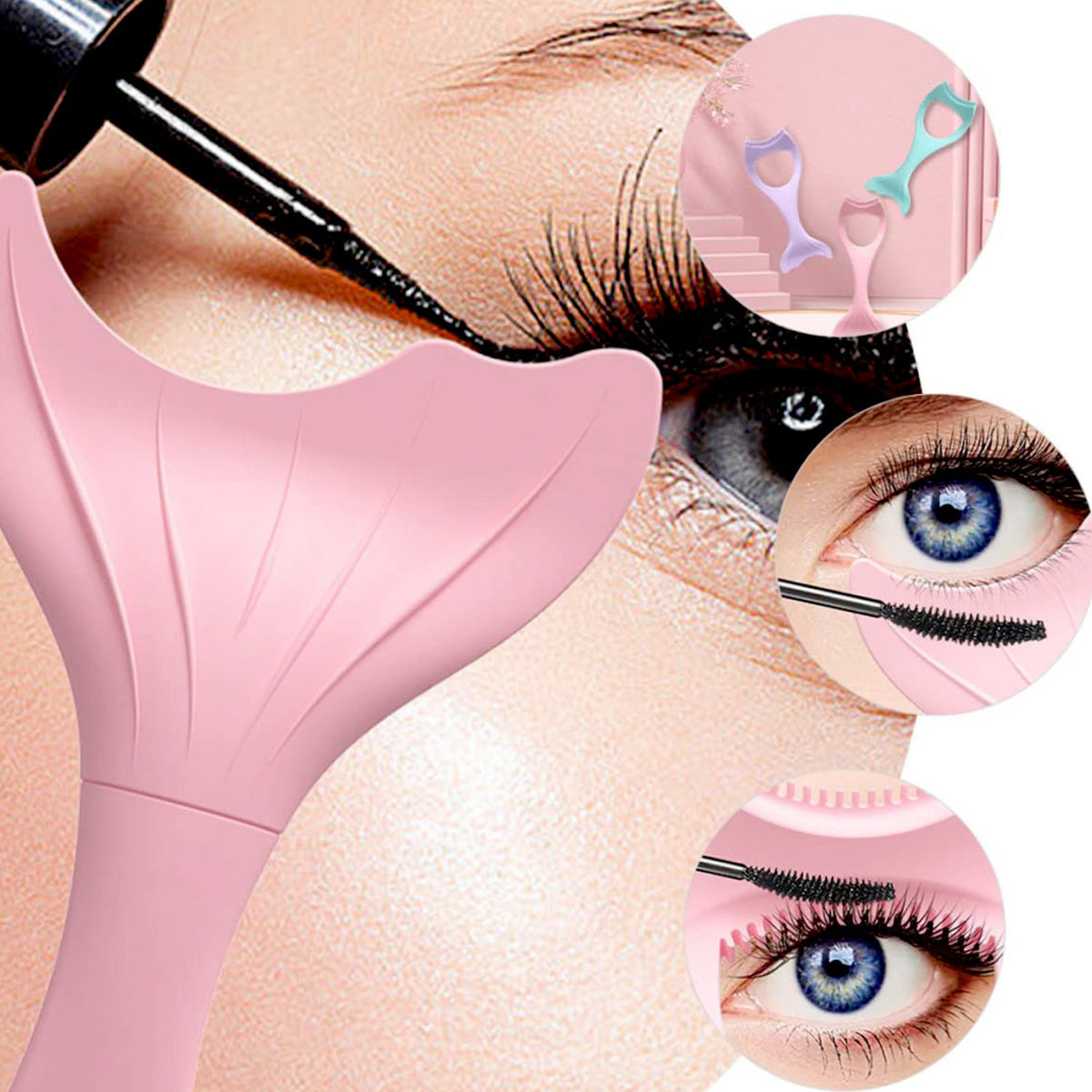 A close-up of a pink silicone eyeliner guide in use, with insets showing mascara application and various tool colors.