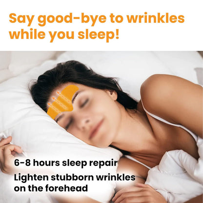 A woman sleeping with a gold forehead patch, with text about overnight wrinkle repair.