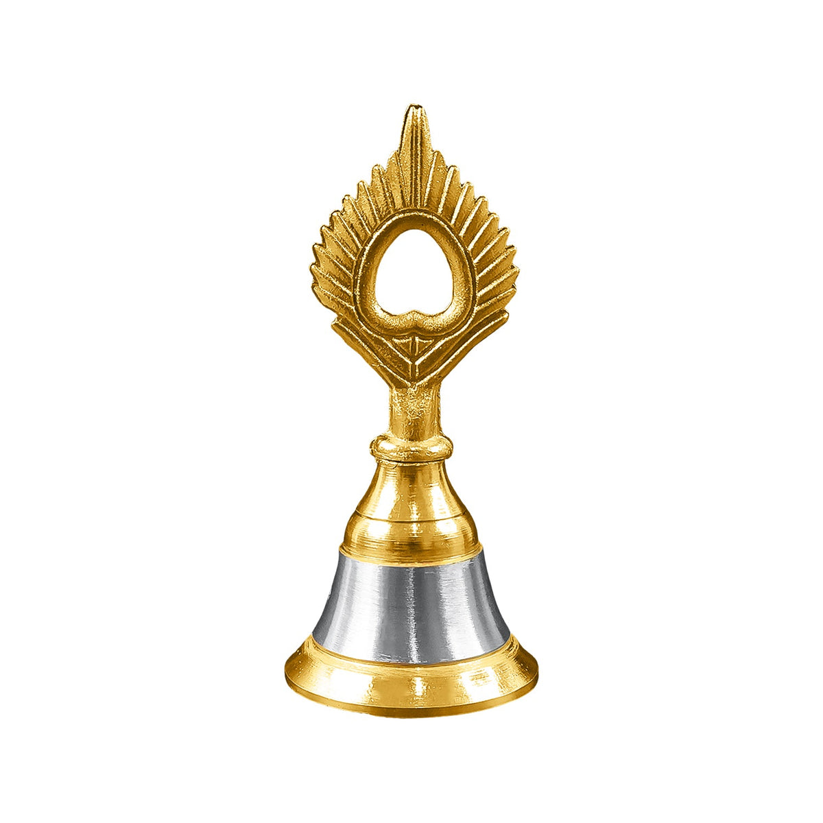 A small brass and steel pooja bell with a peacock feather design is shown on a plain white background
