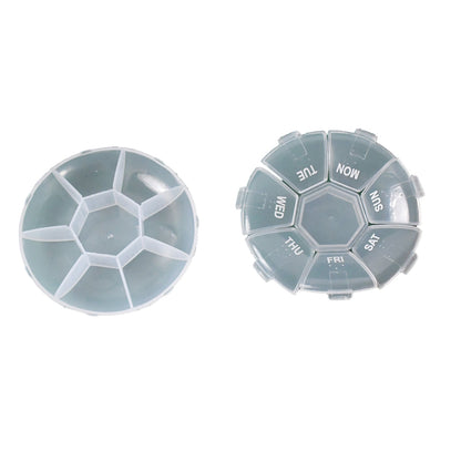 Two views of a light grey 7-day pill organizer, one assembled and one disassembled, on white.