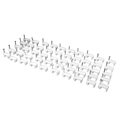 Fifty white plastic cable clips with nails arranged in neat rows on a white background.