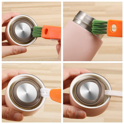 A four-panel image shows the orange 3-in-1 brush cleaning various parts of a pink insulated bottle.