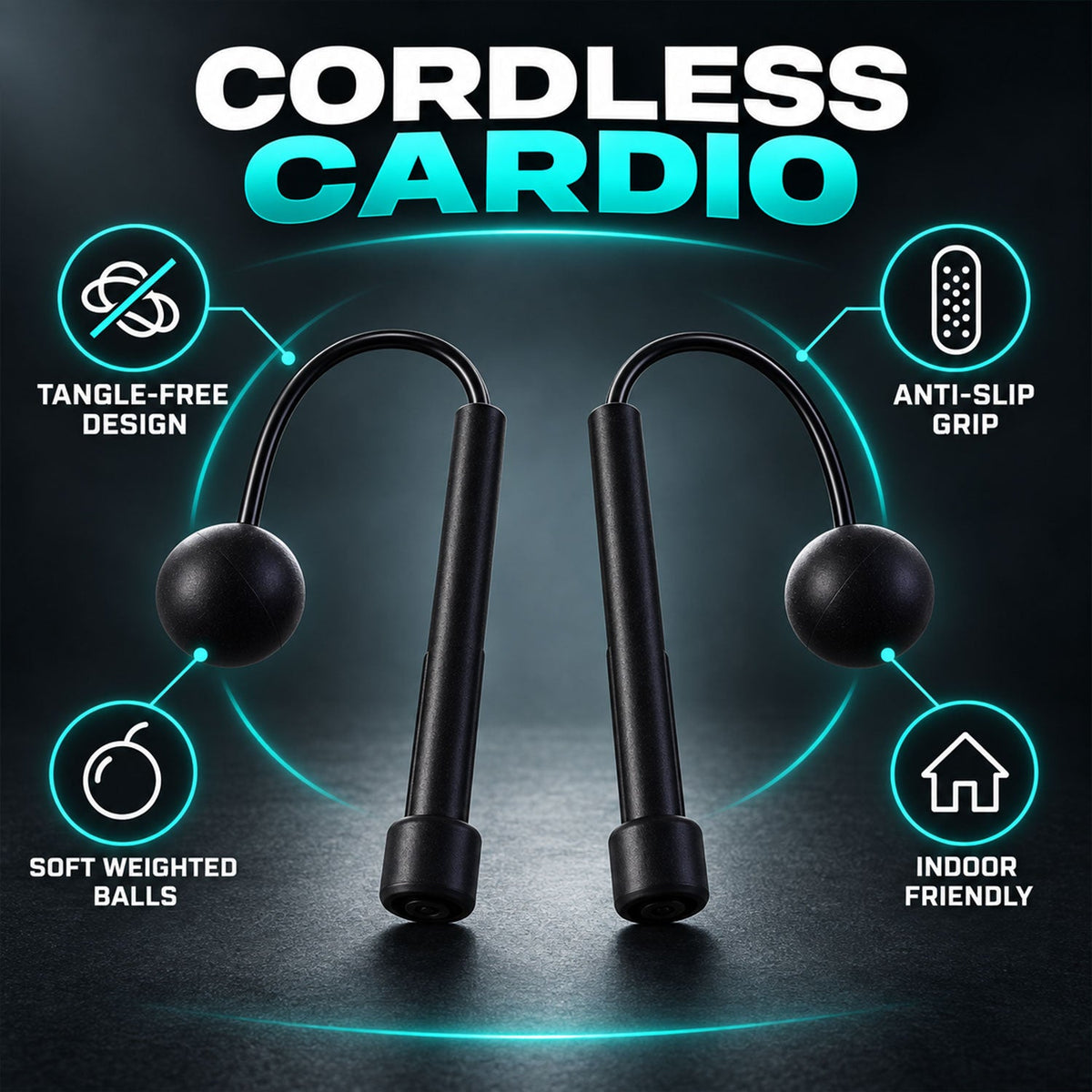 Two black cordless jump rope handles with weighted balls are displayed with text highlighting features like tangle-free