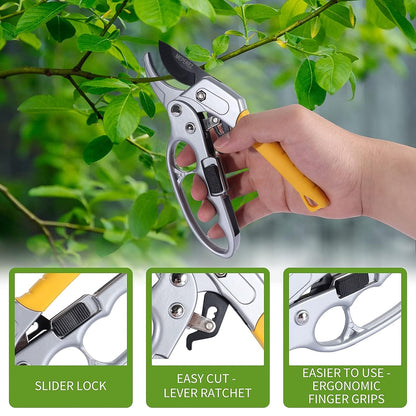 A hand holding silver and yellow pruning shears near green leaves, with feature callouts below.