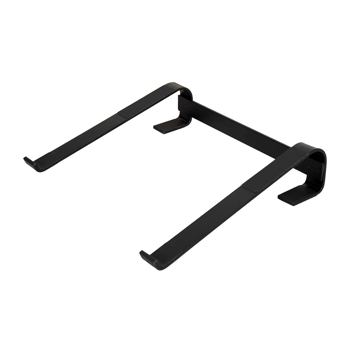 A black metal laptop stand with a minimalist design is shown against a white background.