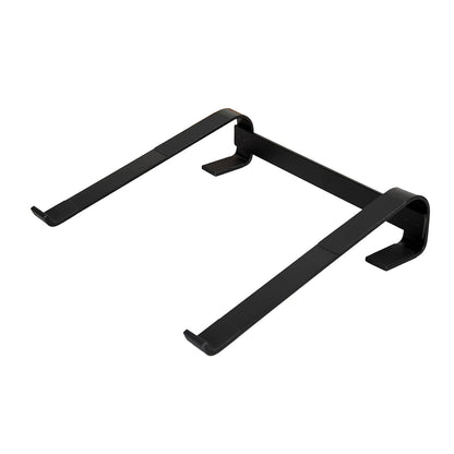 A black metal laptop stand with a minimalist design is shown against a white background.