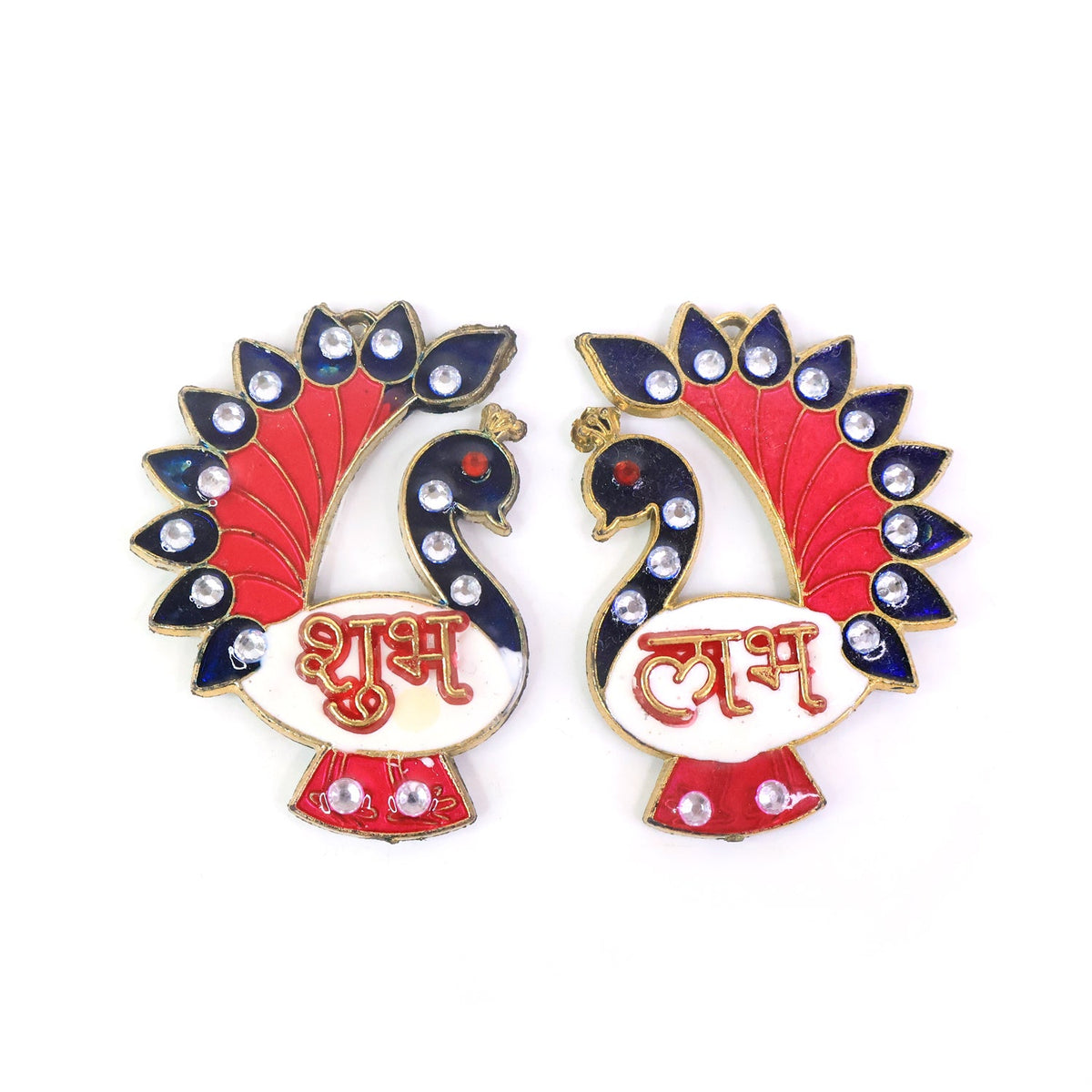 Two peacock-shaped Shubh Labh wall hangings, red, blue, and white enamel with rhinestones, on a plain white background.