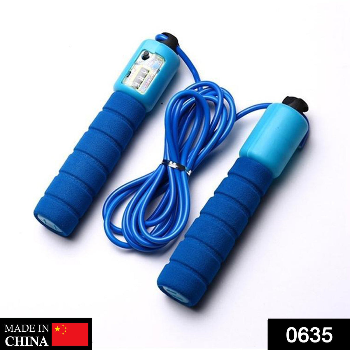 A blue electronic counting skipping rope with foam handles and a digital display is shown against a white background.