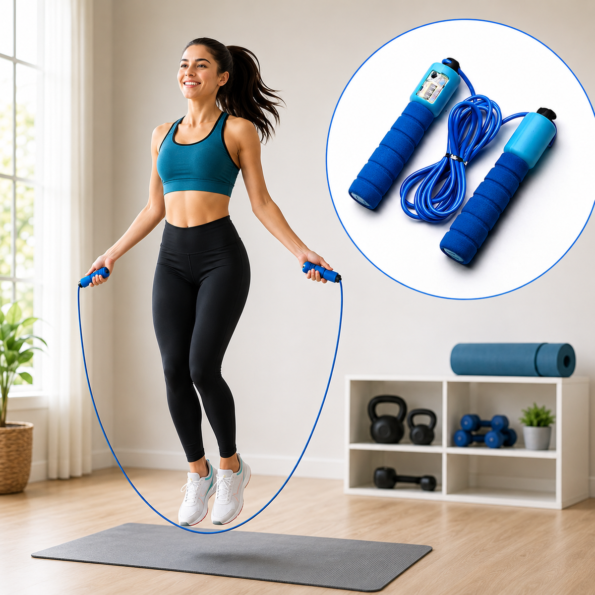 A smiling woman in a blue sports bra and black leggings jumps rope with a blue counting skipping rope on a grey mat.
