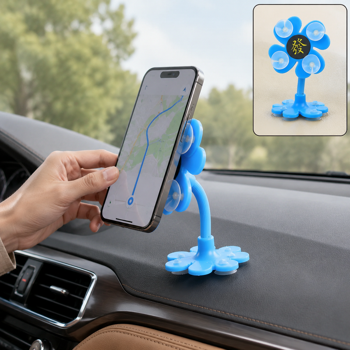 A hand holds a phone displaying a map, attached to a blue flower-shaped phone holder on a car dashboard.