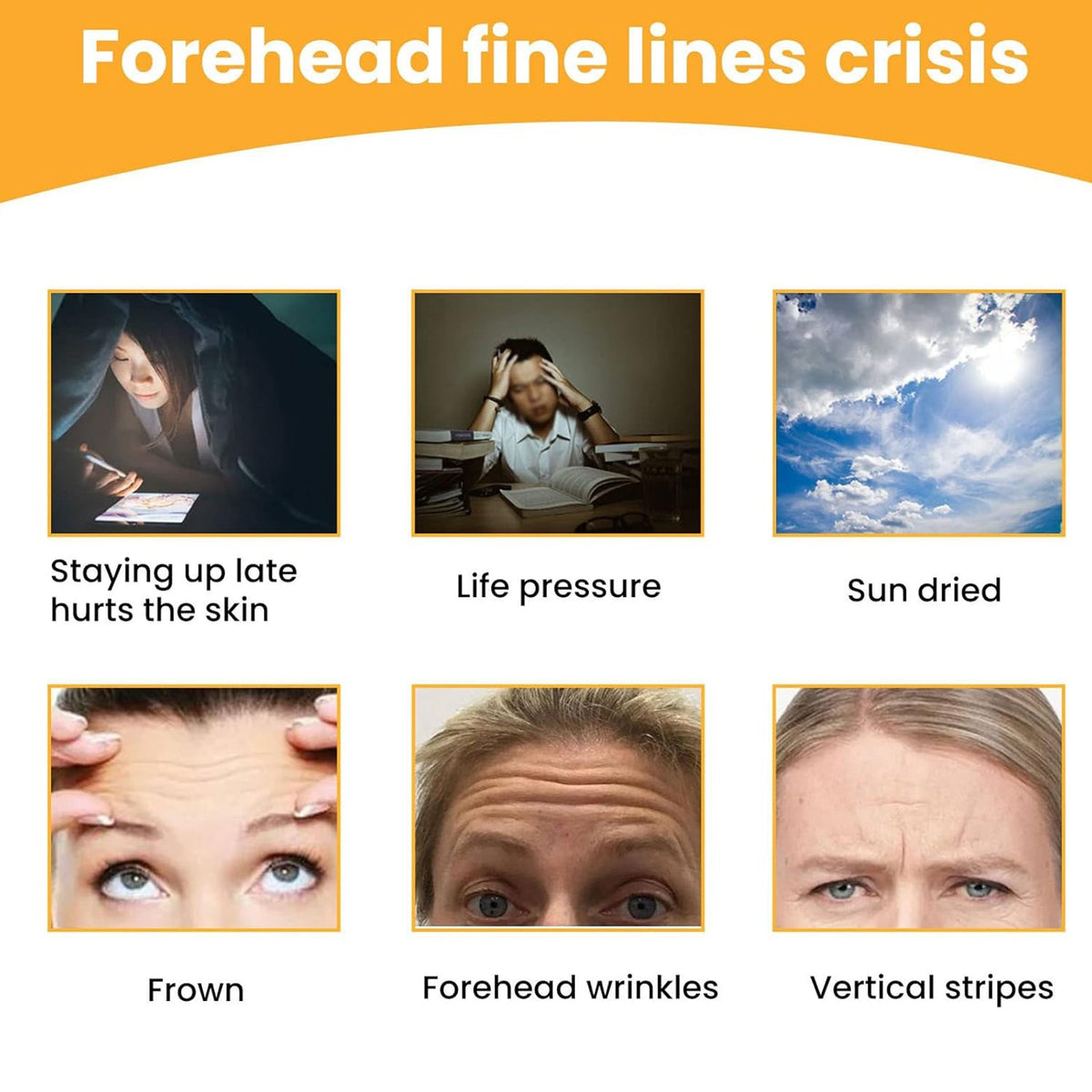A grid of six images illustrating causes and types of forehead wrinkles like sun exposure and frown lines.
