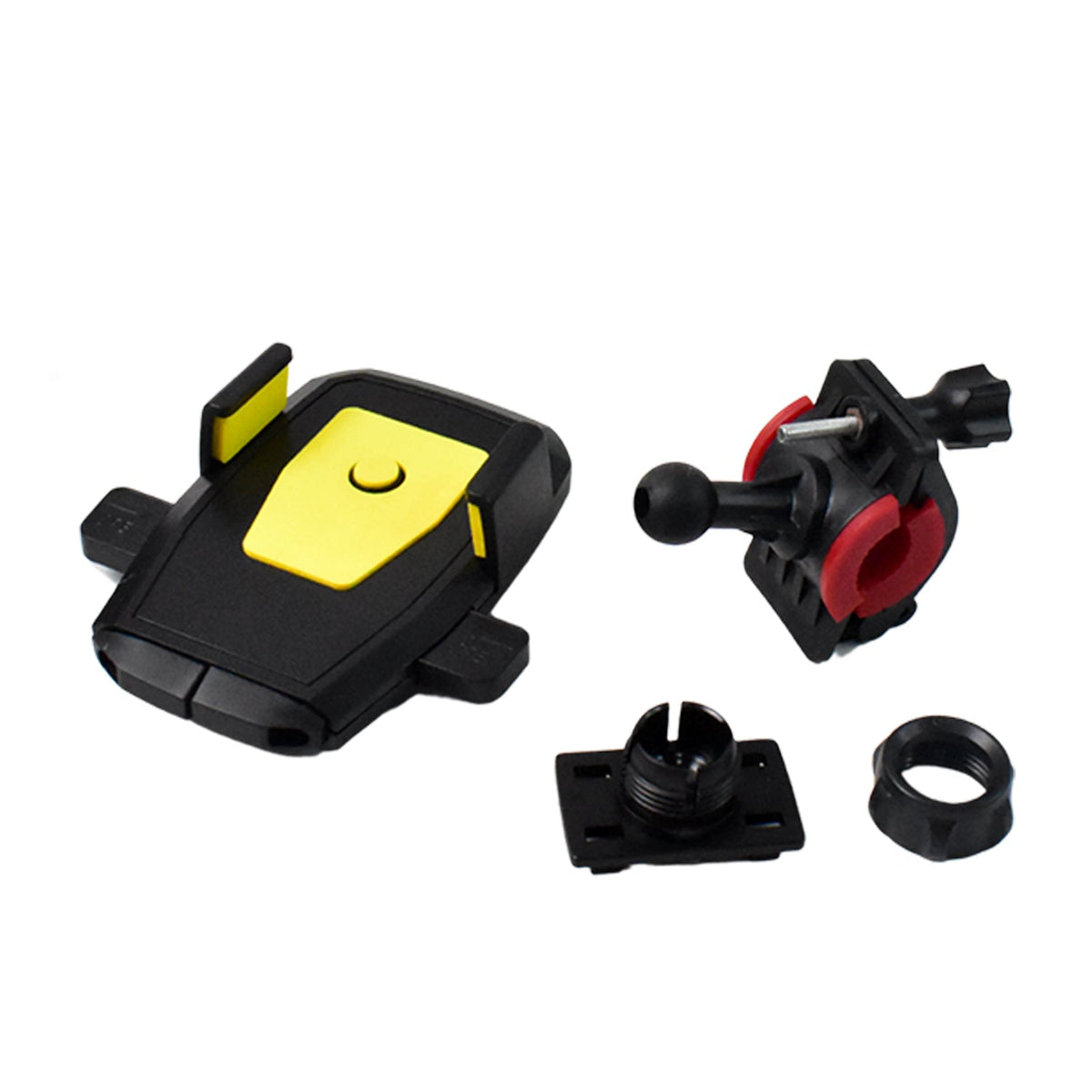 Disassembled black and yellow phone mount components with a red clamp on a white background.