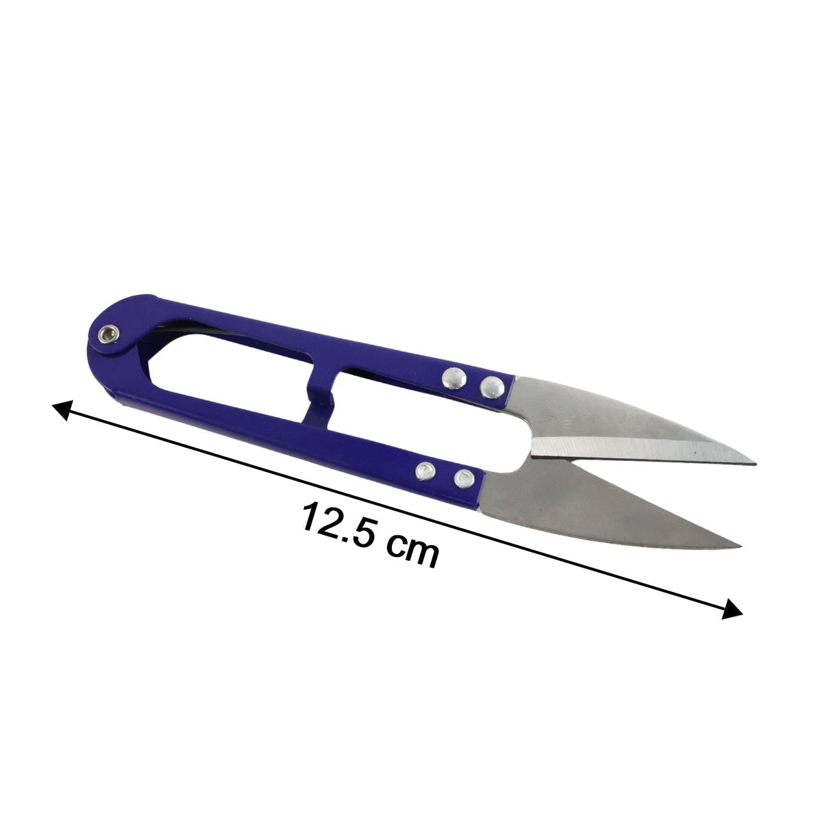 Blue thread snips with silver blades are displayed on a white background, with a 12.5 cm measurement arrow.
