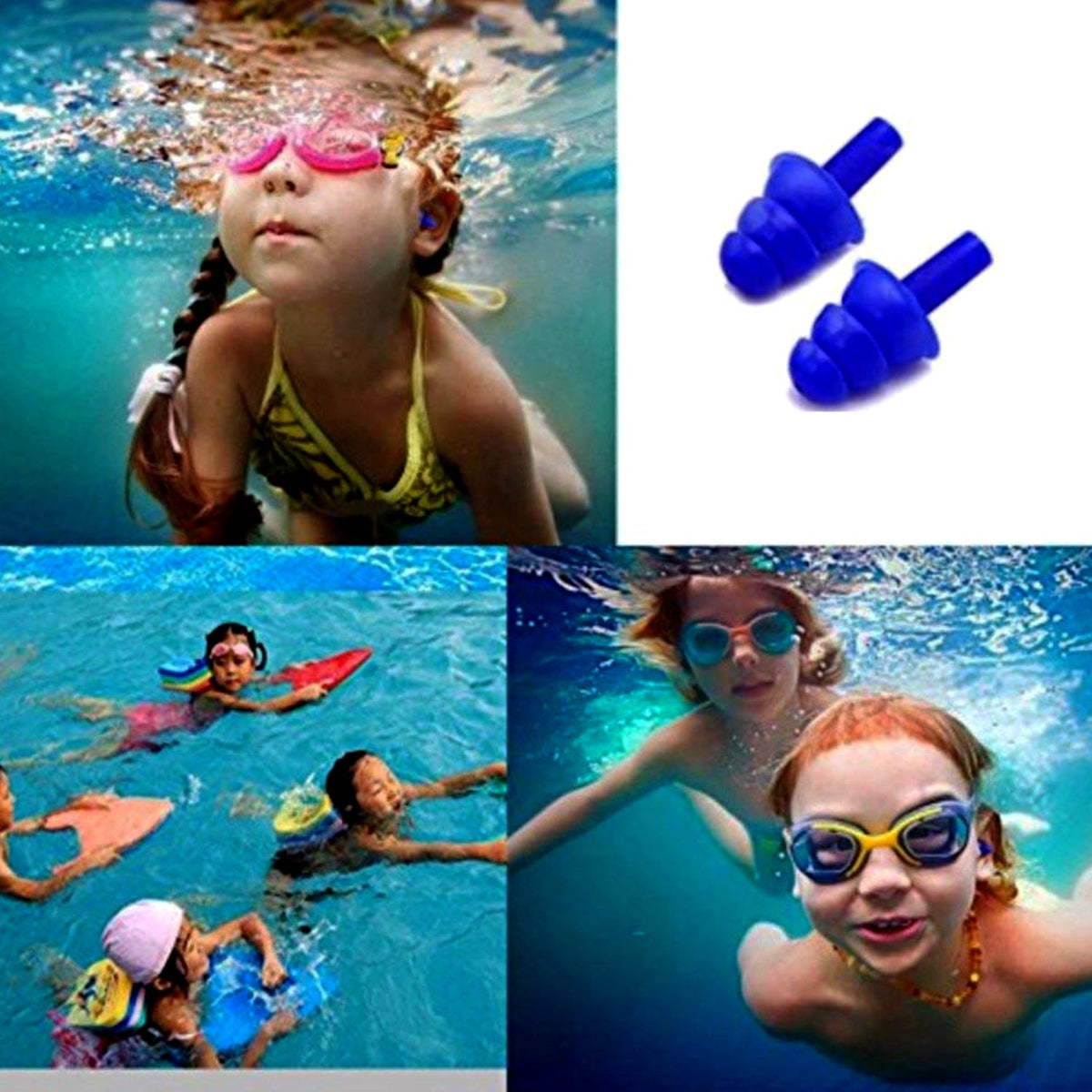A collage shows children swimming and wearing earplugs, with an inset of two blue silicone earplugs.