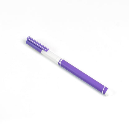 A purple gel pen with a white barrel and cap clip is centered on a plain white background.